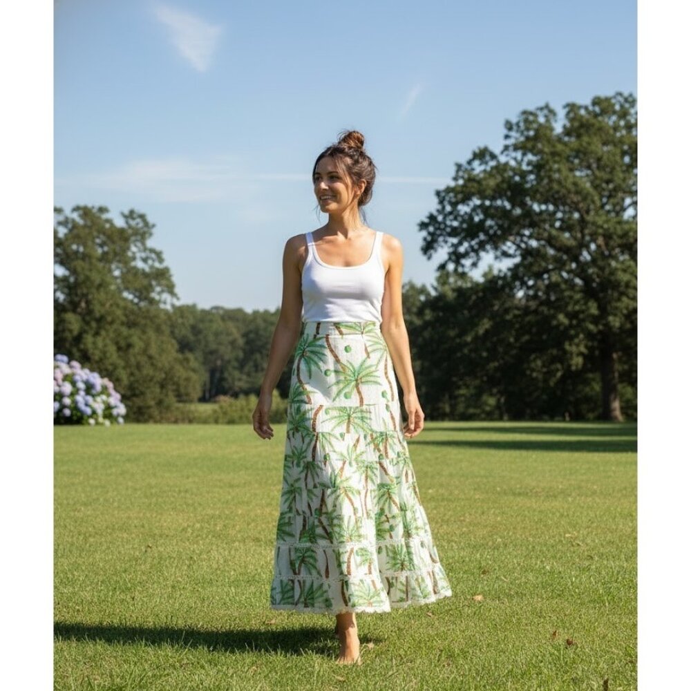 NWT Farm Rio Swinging Palm Maxi in White Swiss Dot Cotton A-line Skirt M $190